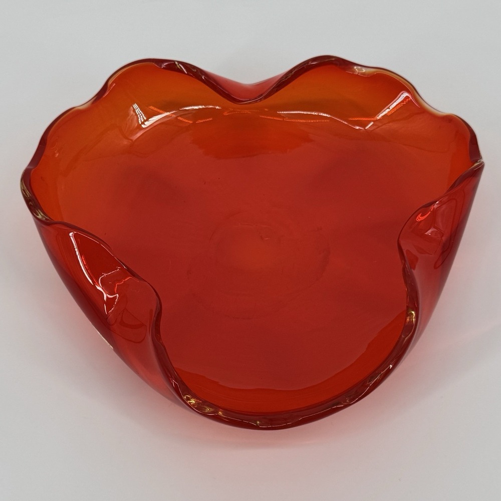 Vintage Orange Art Glass Freeform Ruffled Bowl Hand Blown Amberina Style MCM